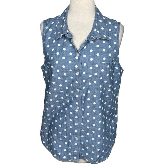 Tommy Hilfiger Top Women's L Light Wash Polka Dot Chambray Denim Womens‎ Blouse - Picture 1 of 7